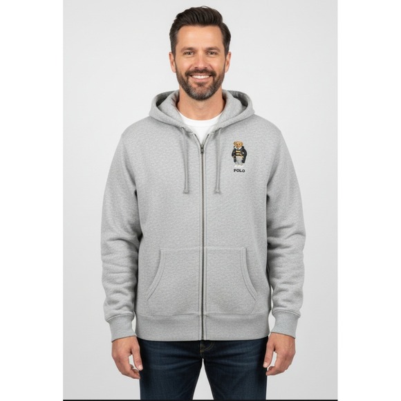 Polo Ralph Lauren Teddy Bear Football Gray Fleece Zip Hooded Jacket Mens Size XL - Picture 1 of 9